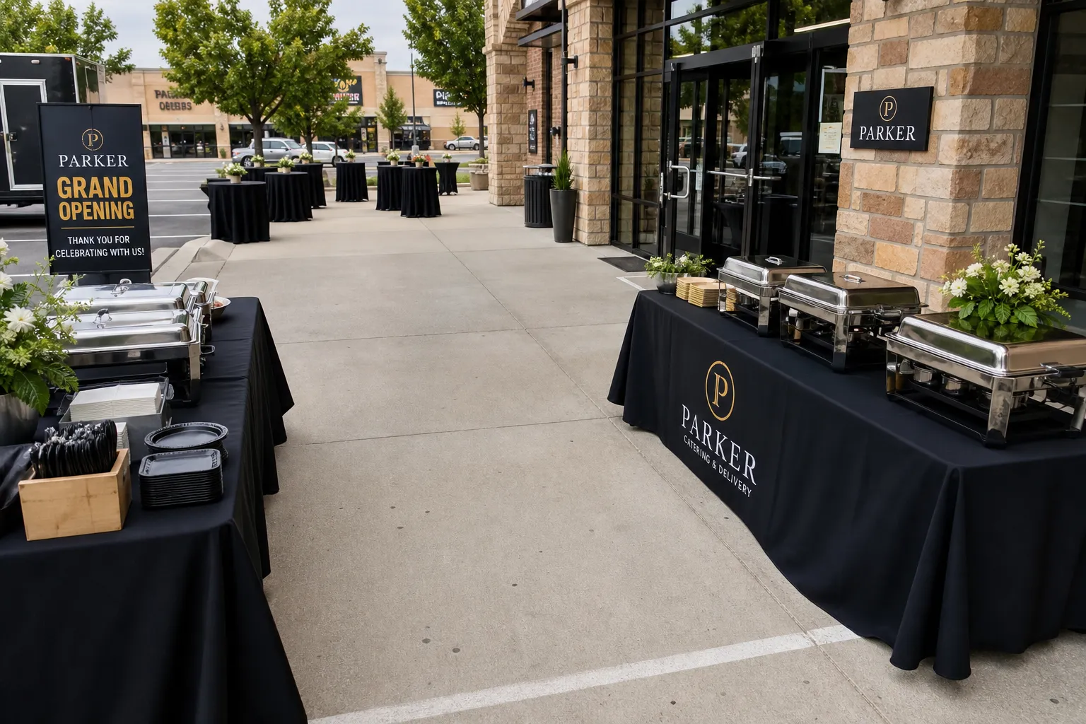 Grand opening layout with delivery service staging and clear customer flow in Parker