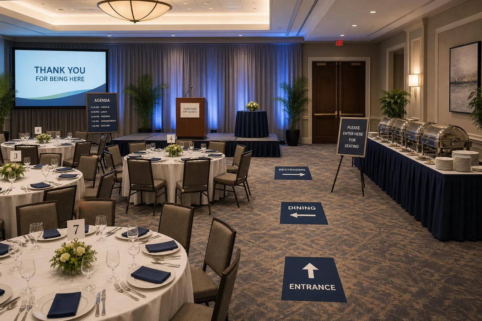 Organized event layout supporting speeches and delivery service in Broomfield