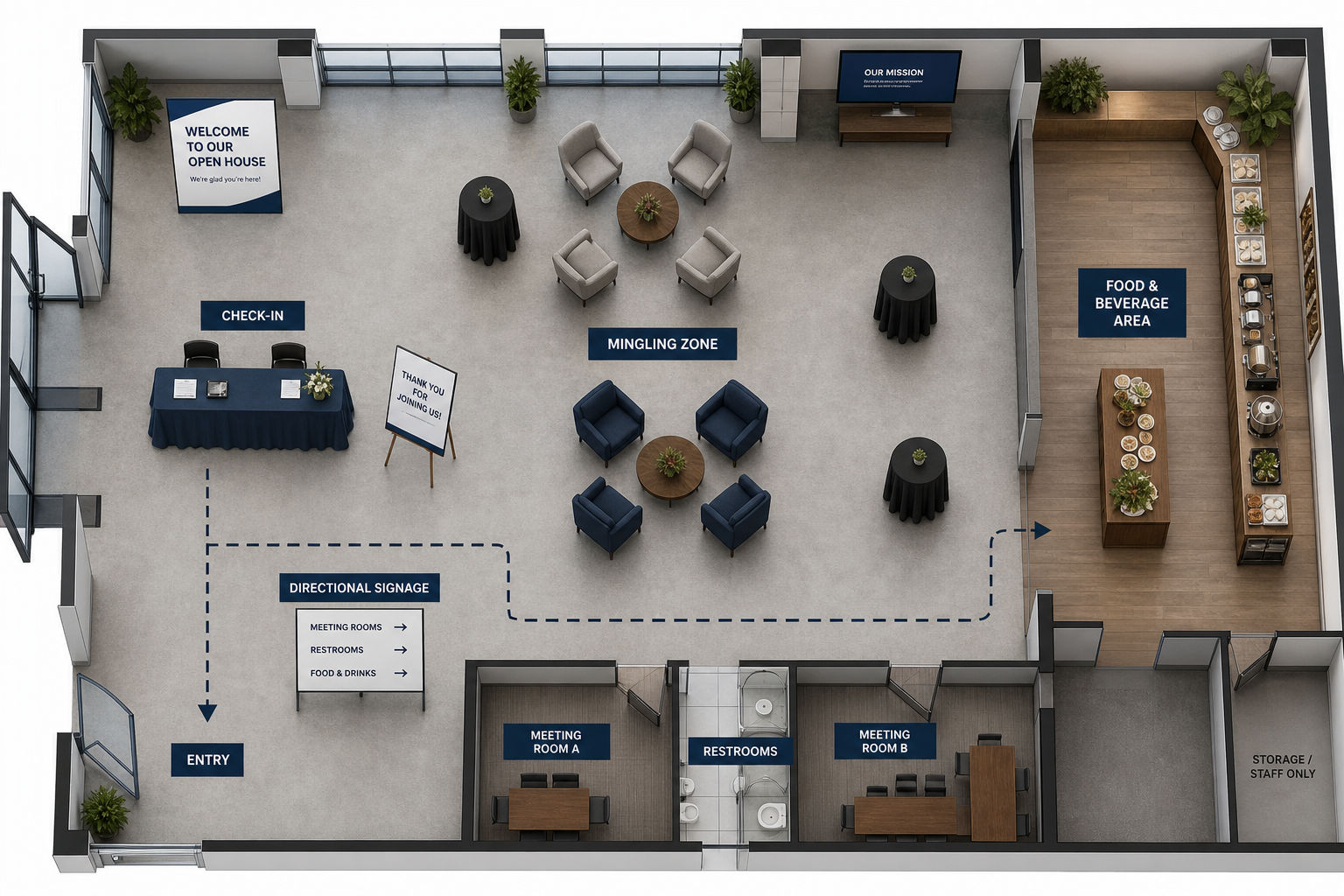Corporate open house layout with separate check-in, mingling, and food service zones