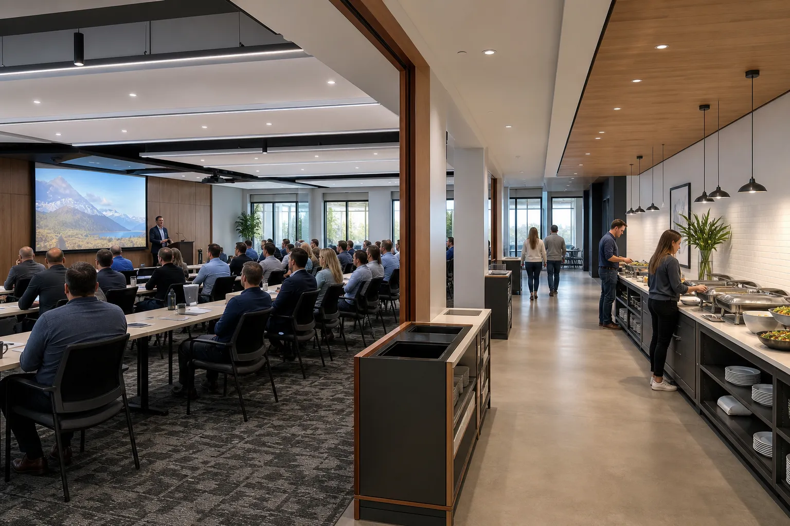 Professional lunch-and-learn layout with efficient employee flow in Littleton