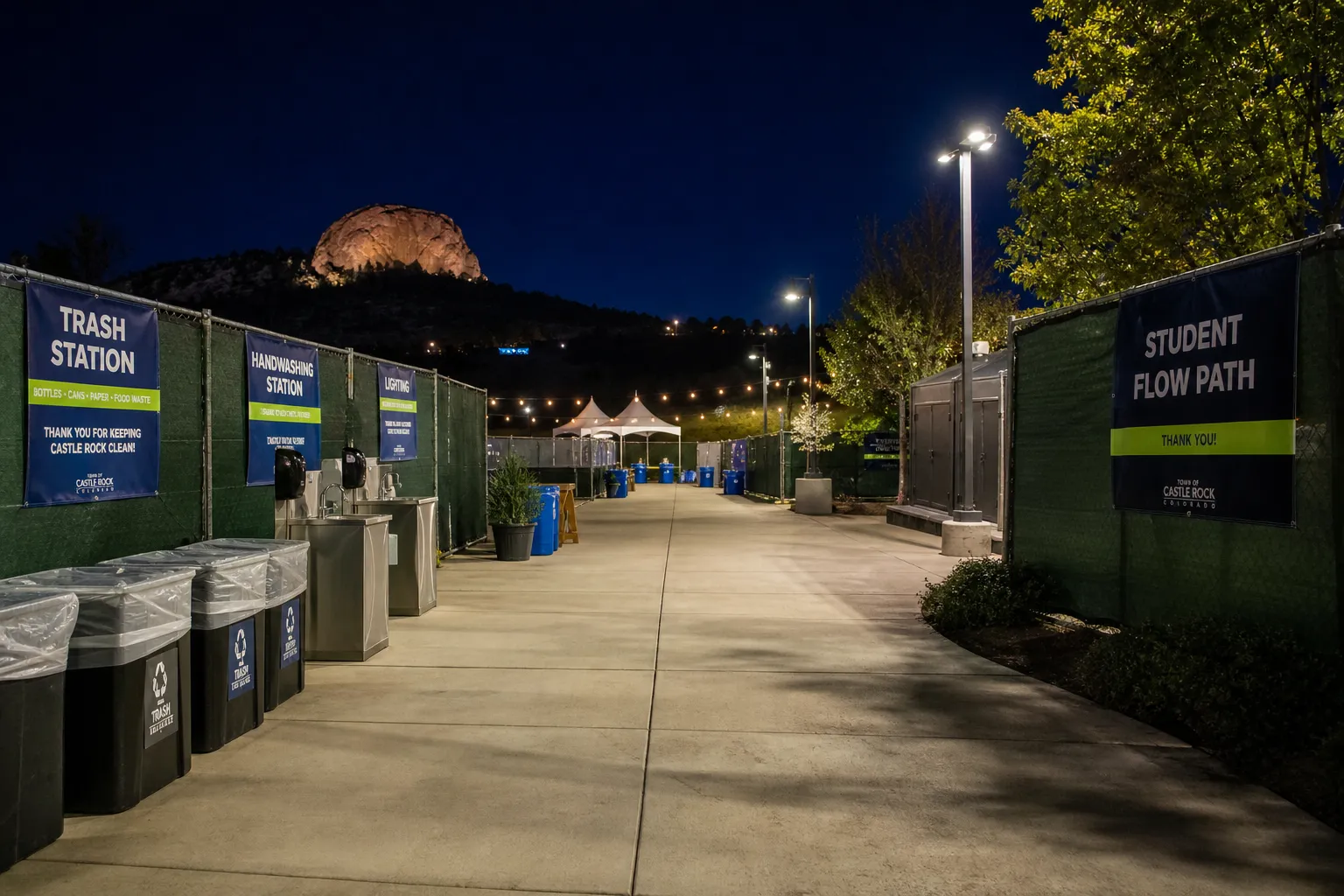 Well-planned late-night event service area in Castle Rock with sanitation and easy guest flow