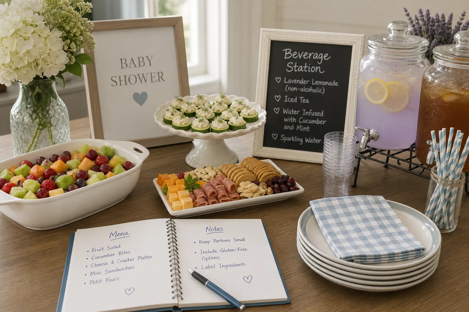 Baby shower menu and beverage planning setup for a home event in Aurora