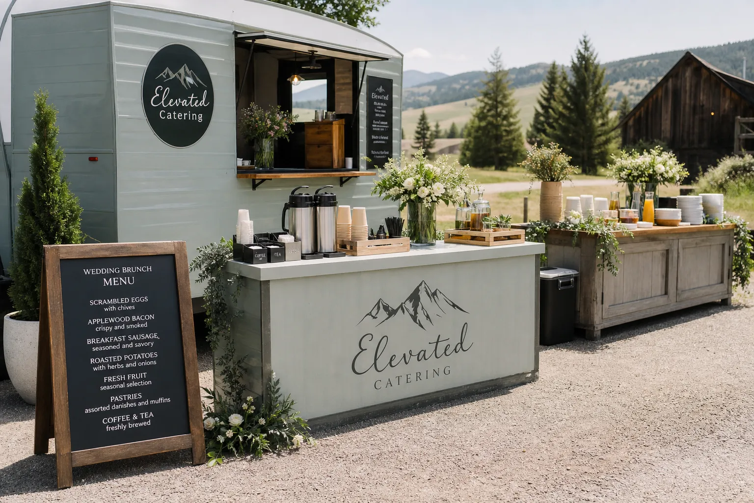 Wedding brunch caterer setup with coffee service in Sheridan