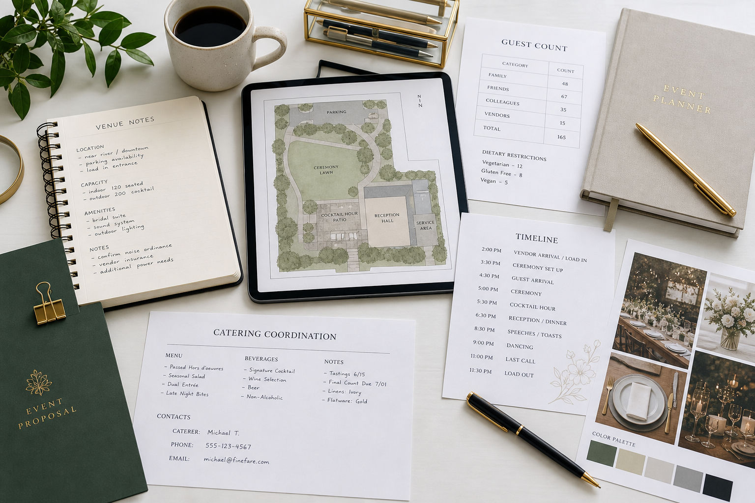 Event planning documents showing guest count, layout, and timeline coordination