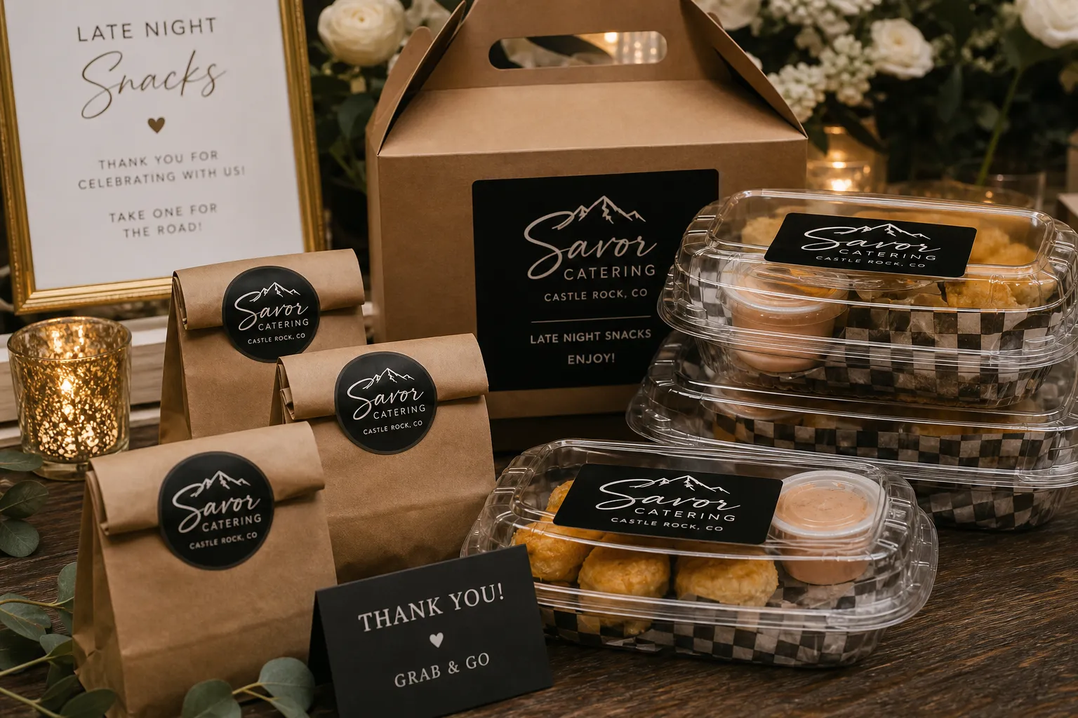 Packaged late-night wedding snacks prepared for takeout restaurant catering in Castle Rock