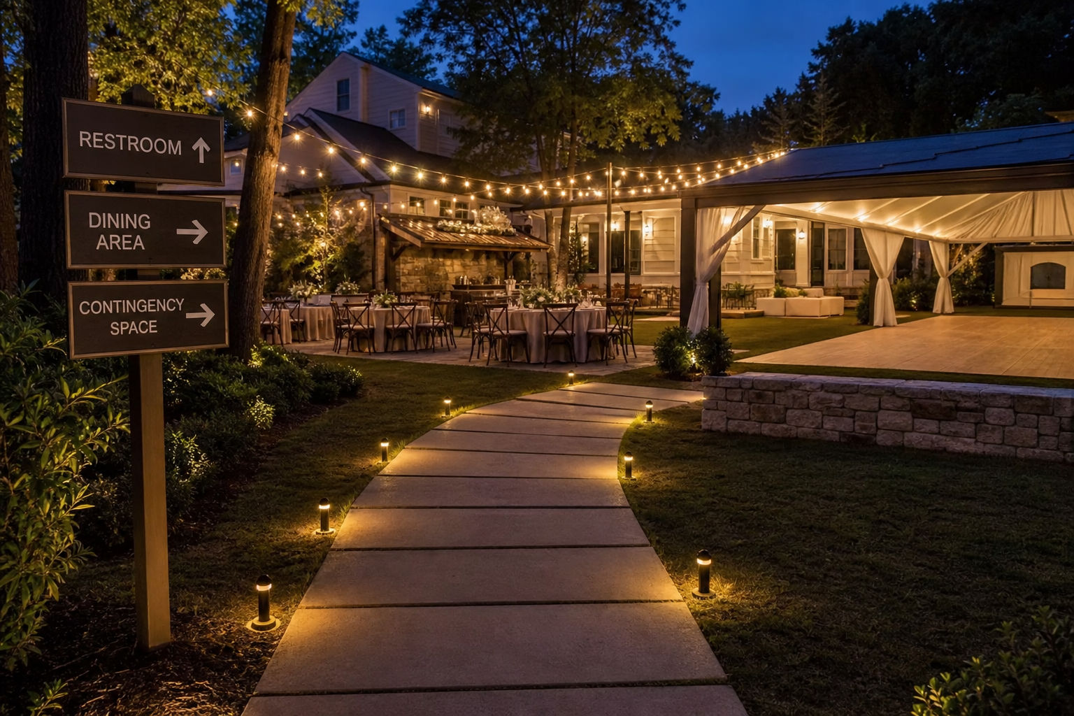 Backyard event layout with lighting, restroom access, and backup covered space