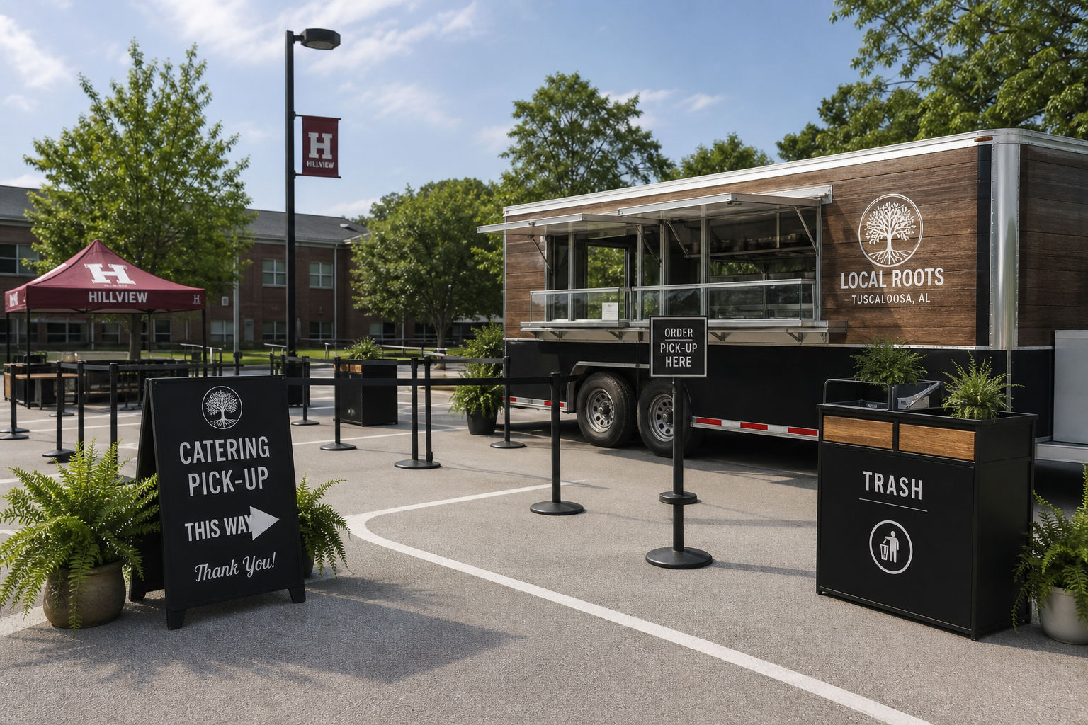 Organized mobile catering service zone with clear line management and guest flow