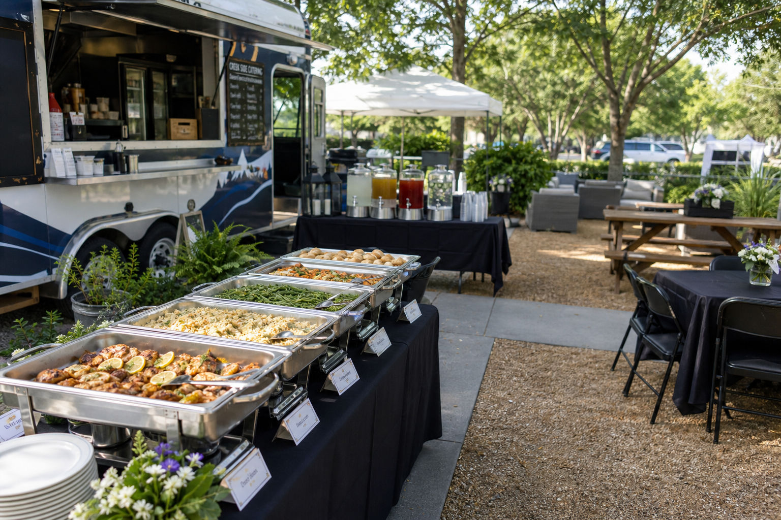 Replenished catering setup designed for guests arriving in waves