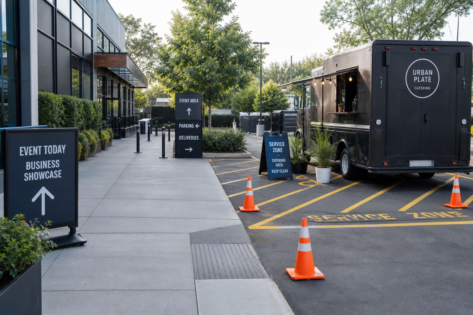 Commercial event site layout showing parking, service zone, and guest flow planning