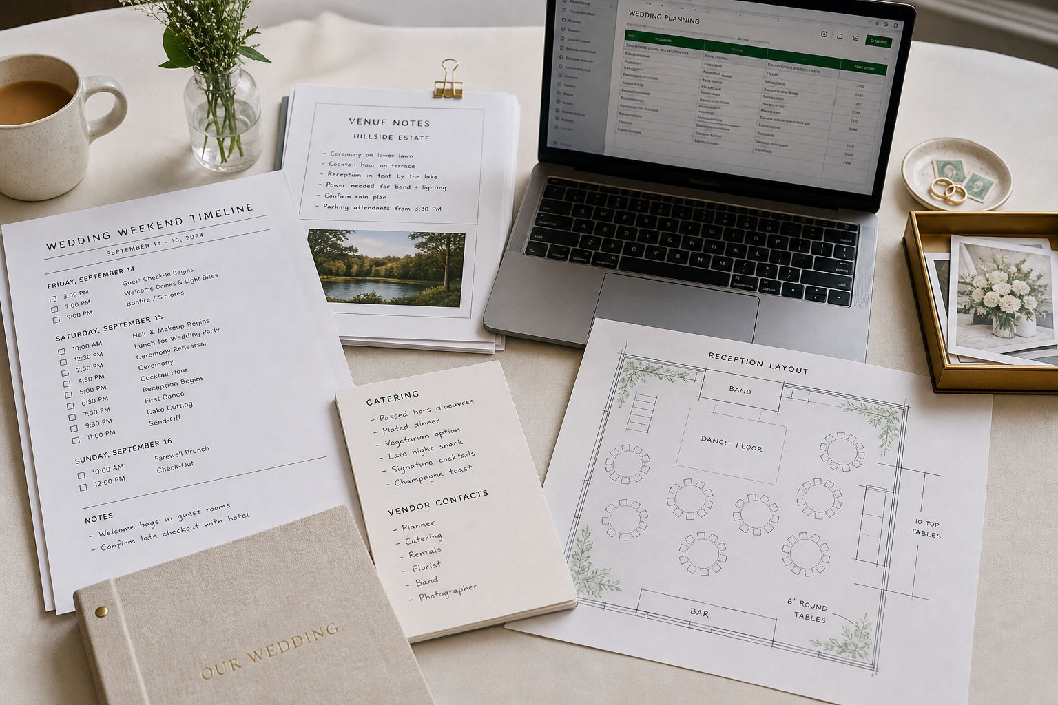 Wedding weekend timeline and catering planning materials laid out on a table