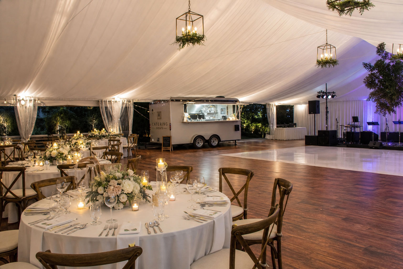 Wedding reception layout designed to support smooth mobile catering service