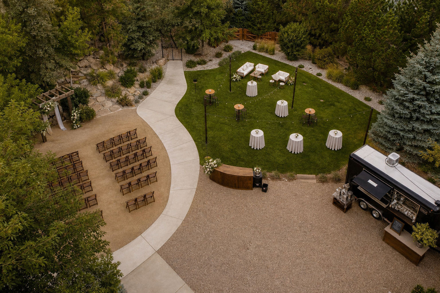 Wedding ceremony and cocktail hour layout with mobile catering setup