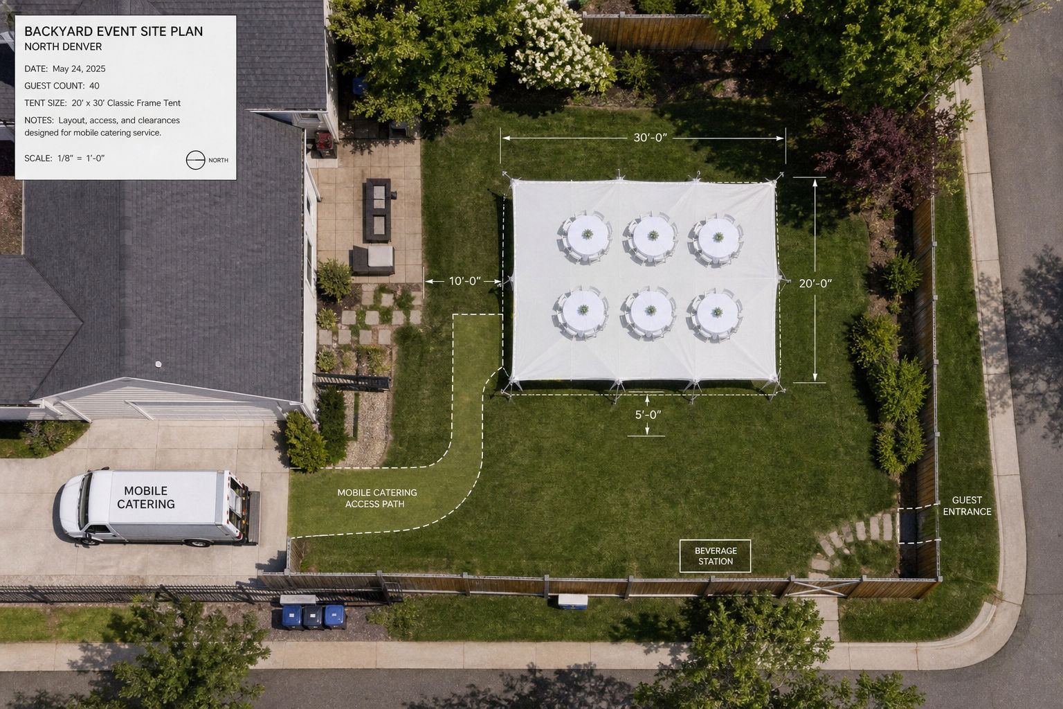 Backyard wedding layout with clear zones for seating, dining, and catering access
