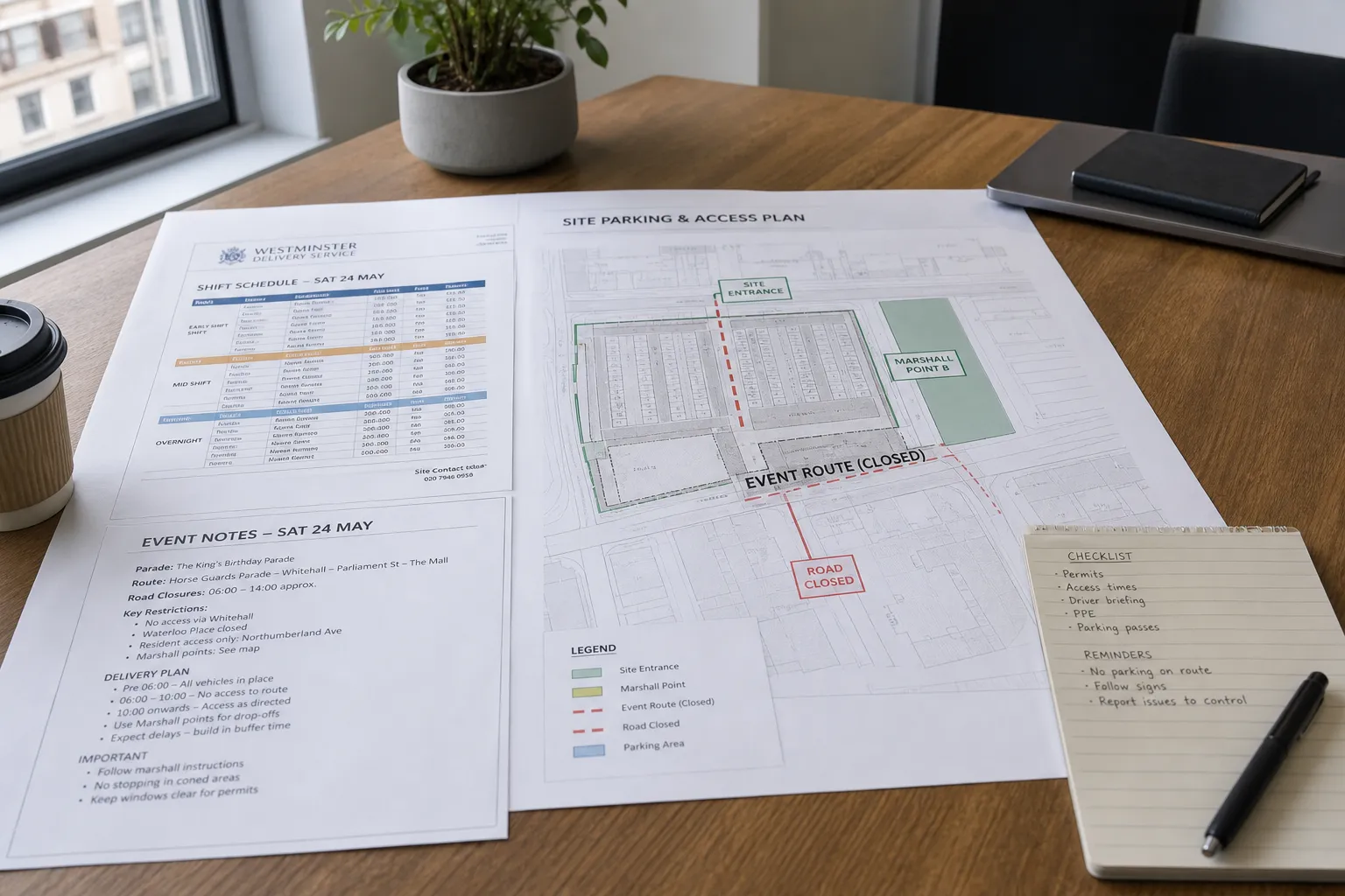 Shift schedule and site plan for delivery service event in Westminster