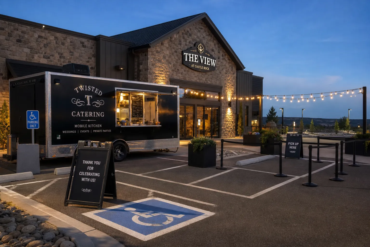 Late-night takeout restaurant service setup at a wedding venue in Castle Rock