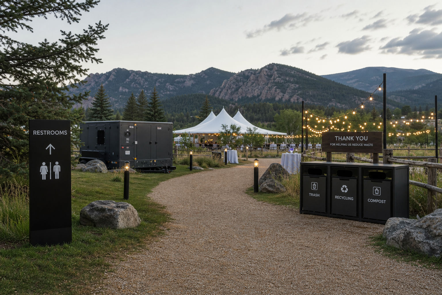 Outdoor event utility and wayfinding setup for a catered park celebration