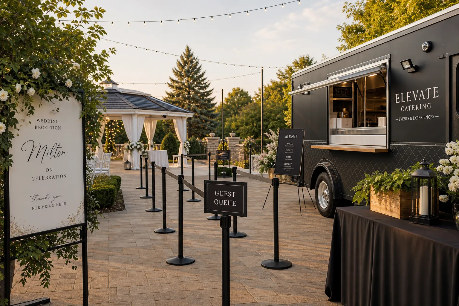 Organized wedding service guest flow and catering setup in Milton