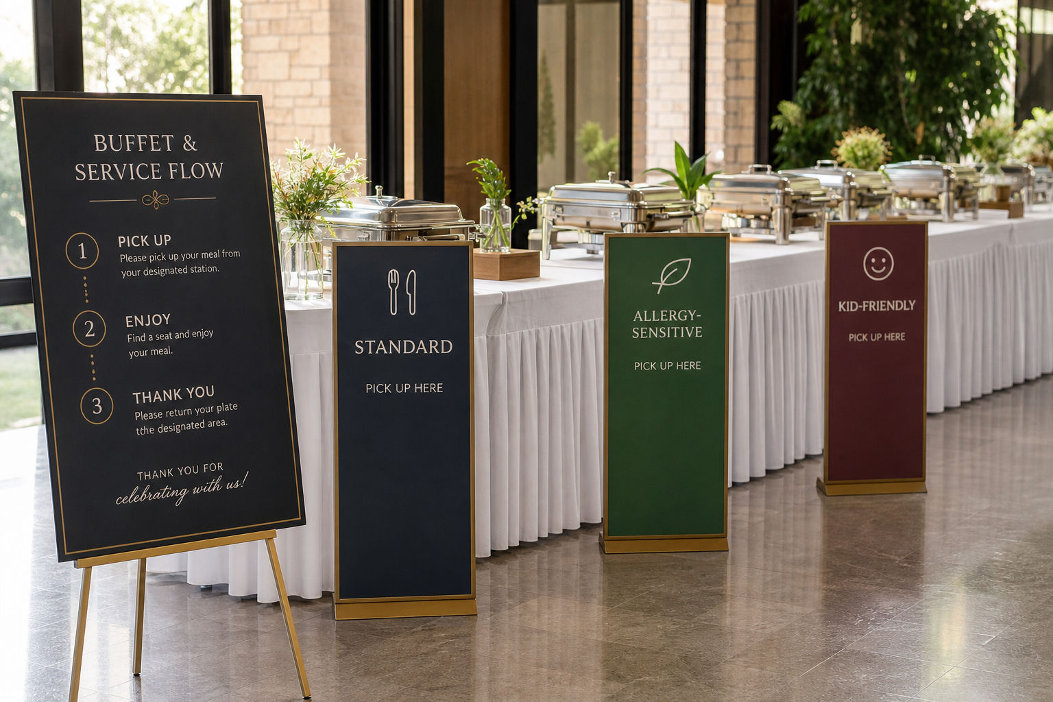 Event service layout with signage for dietary accommodations and efficient meal pickup