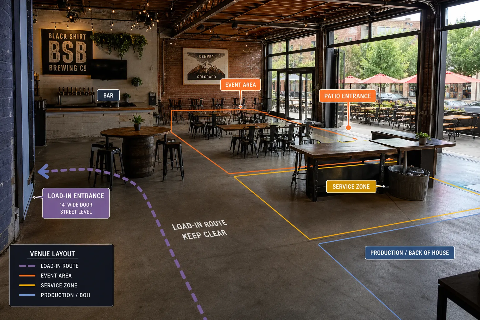 Taproom event layout in Denver showing load-in access and service flow