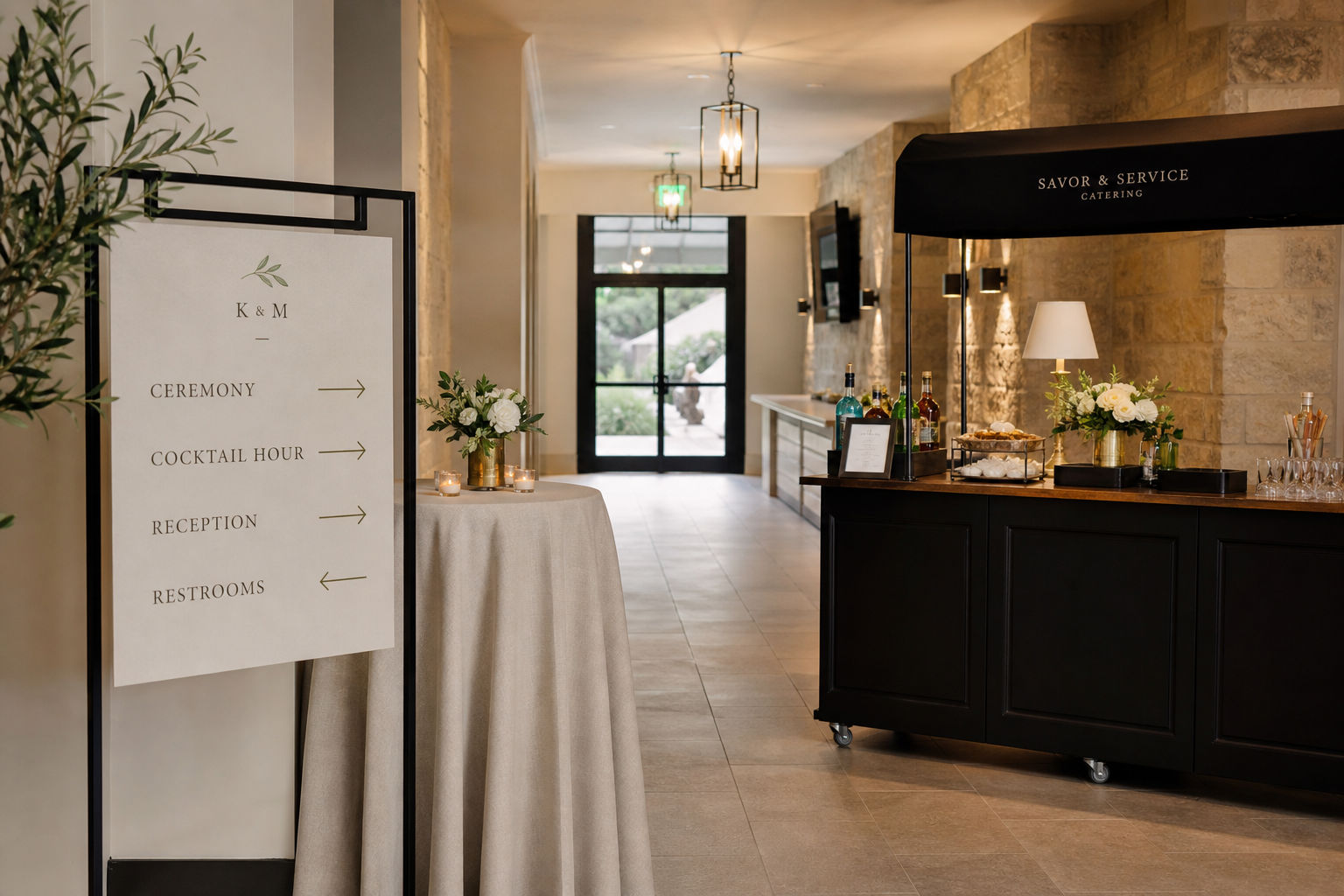 Guest transition area with cocktails and mobile catering setup between ceremony and dinner