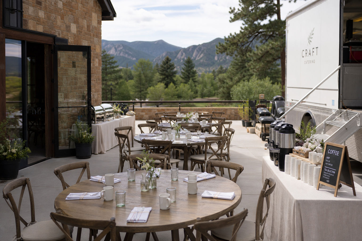 Day-after wedding brunch setup with organized seating and mobile catering access