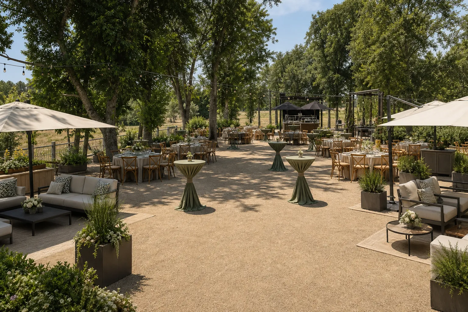 Outdoor summer event seating zones arranged for comfort and flow