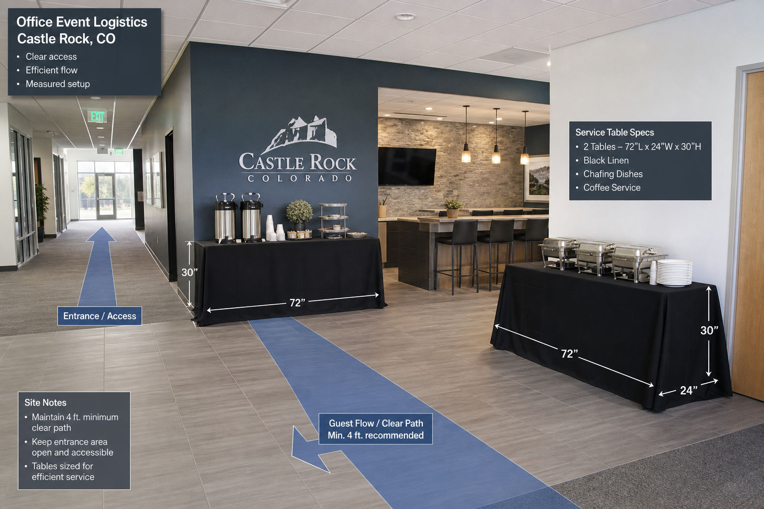 Office event layout planning for a party planner in Castle Rock