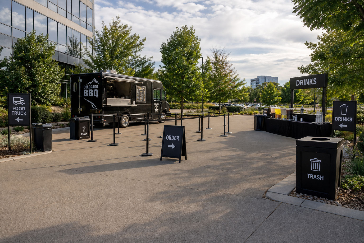 Corporate or community event site plan with truck placement and separated service zones