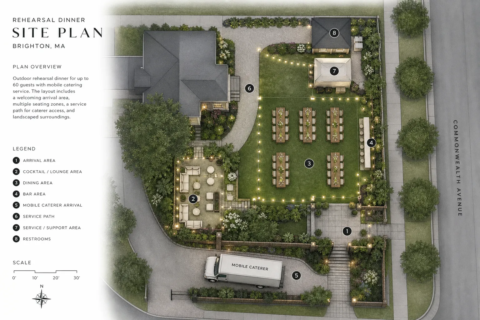 Rehearsal dinner layout in Brighton showing seating, arrival flow, and service setup