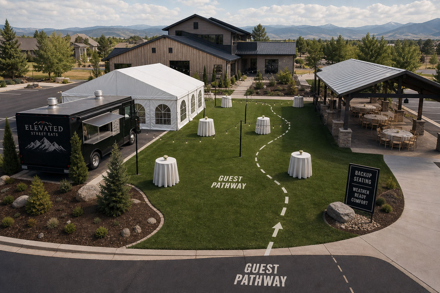 Outdoor event layout with food truck, tent, and guest flow planning in Colorado