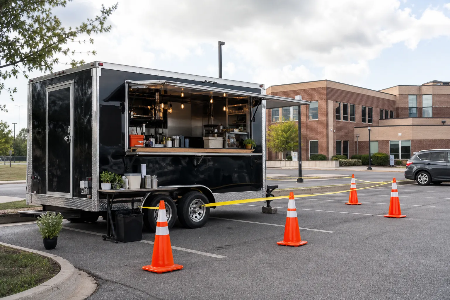 Takeout restaurant setup in a Thornton school parking area for staff lunch service