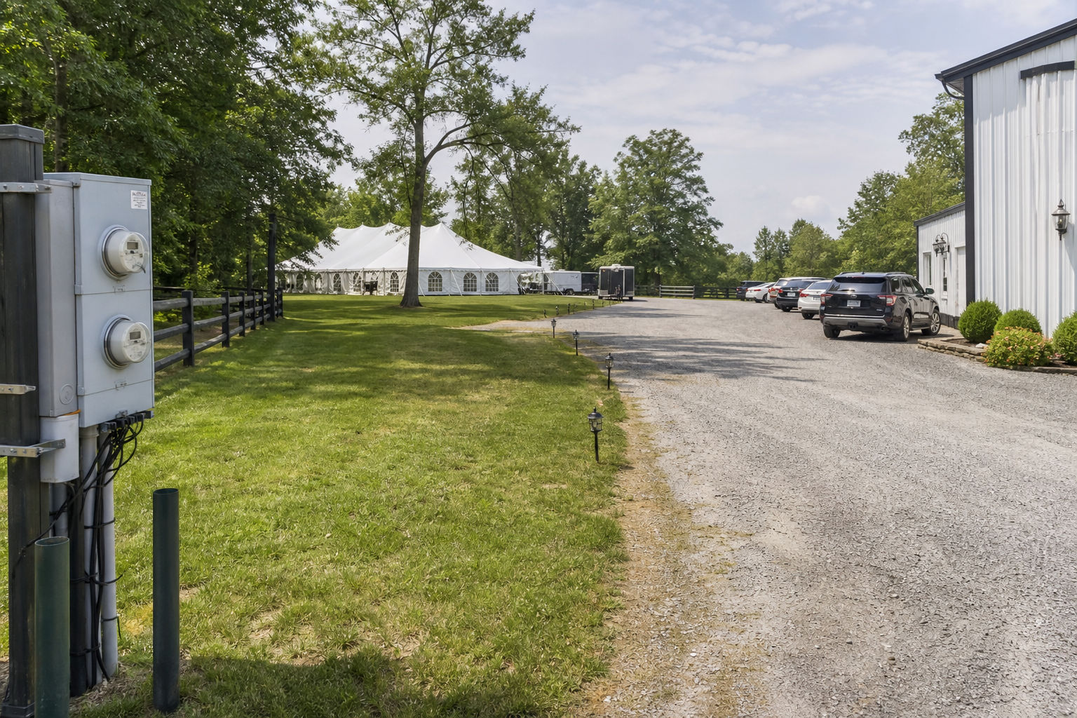 Outdoor event site showing access, utilities, and backup planning areas
