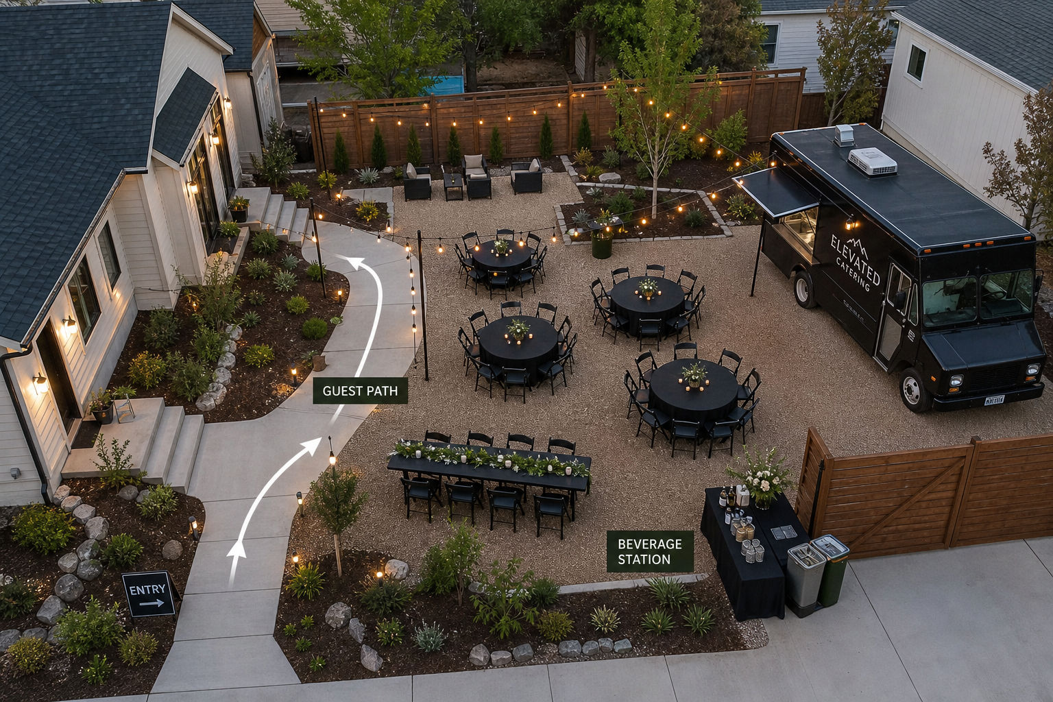 Residential event layout with mobile catering truck, seating, and guest flow zones