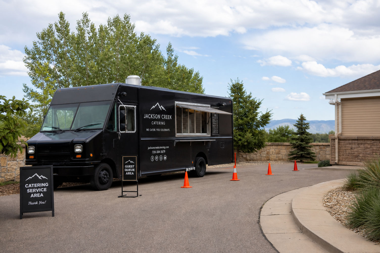 Mobile catering setup with organized parking and guest access