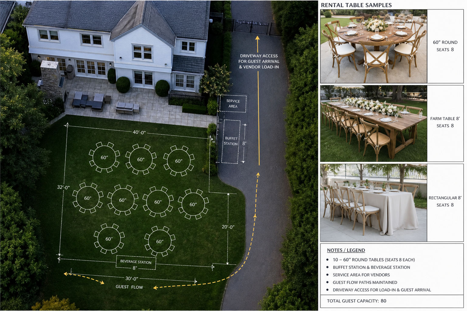 Backyard event layout planning for a private wedding-related gathering at home