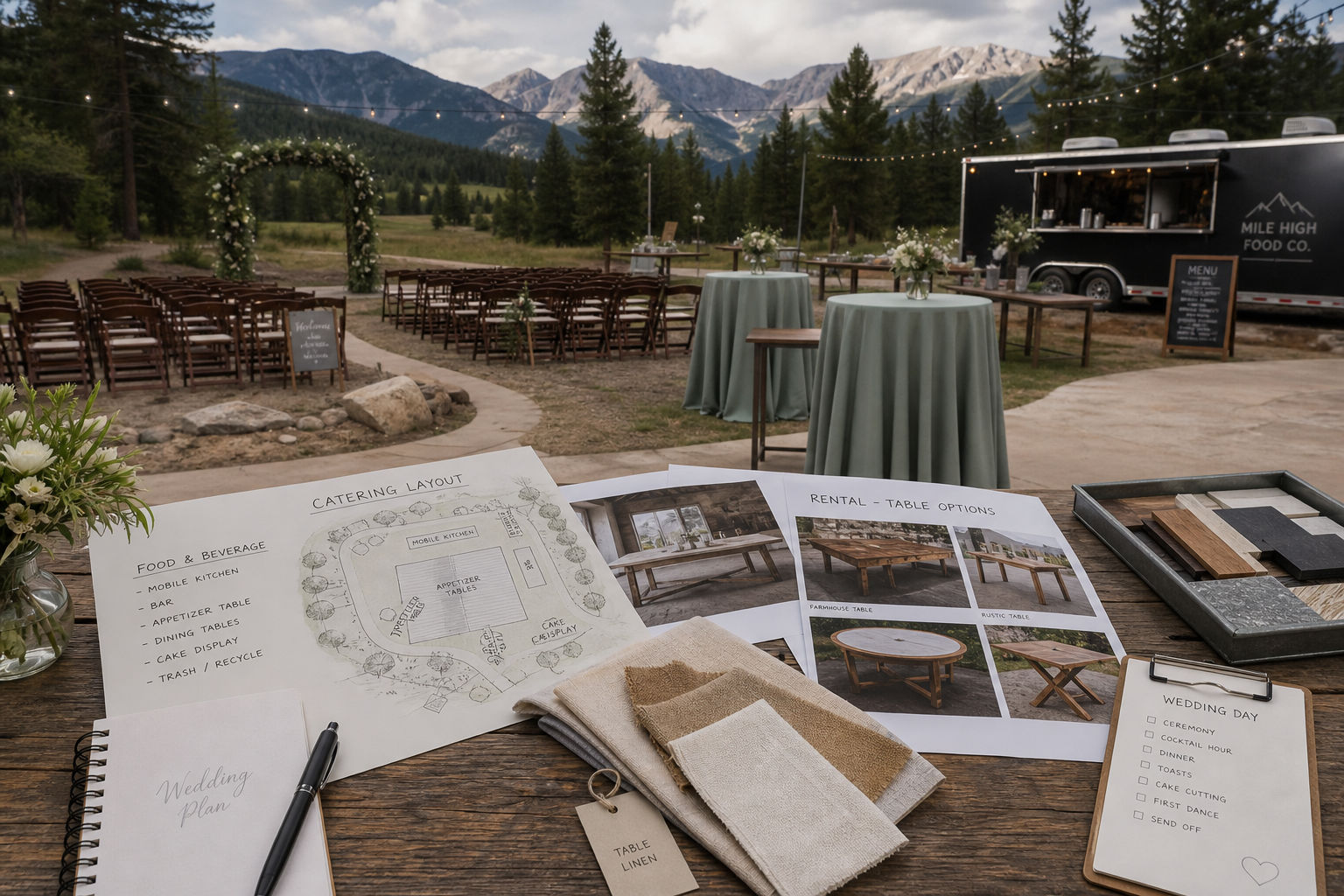 Wedding venue setup with mobile catering planning materials