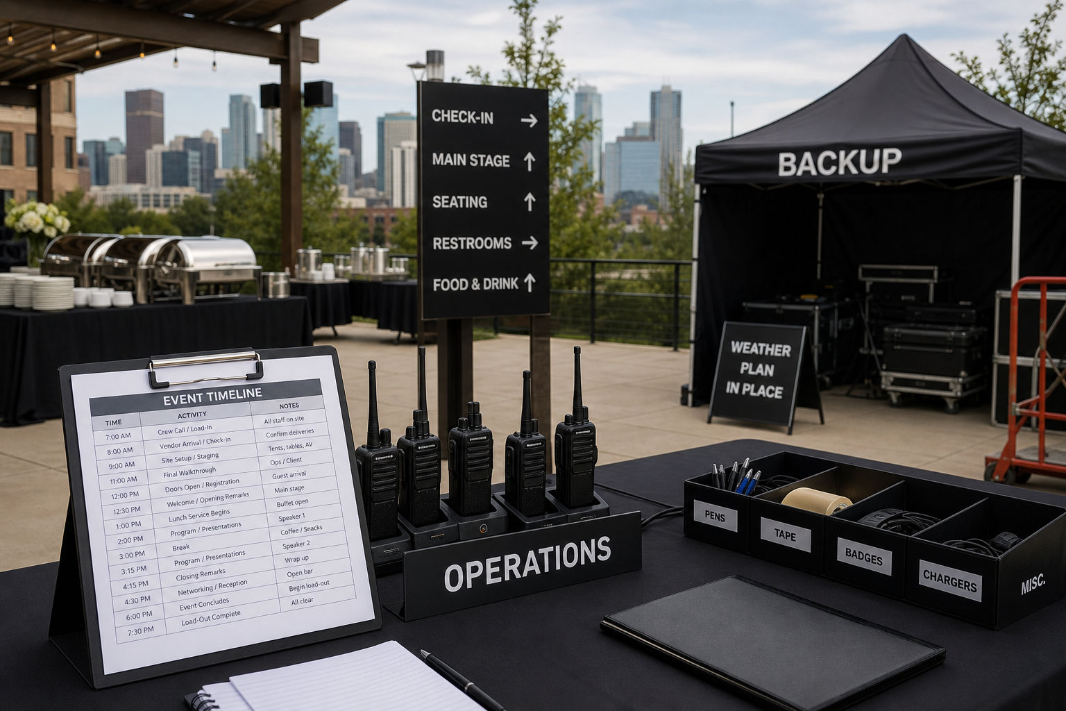 Event coordination materials and service setup for a structured employee event