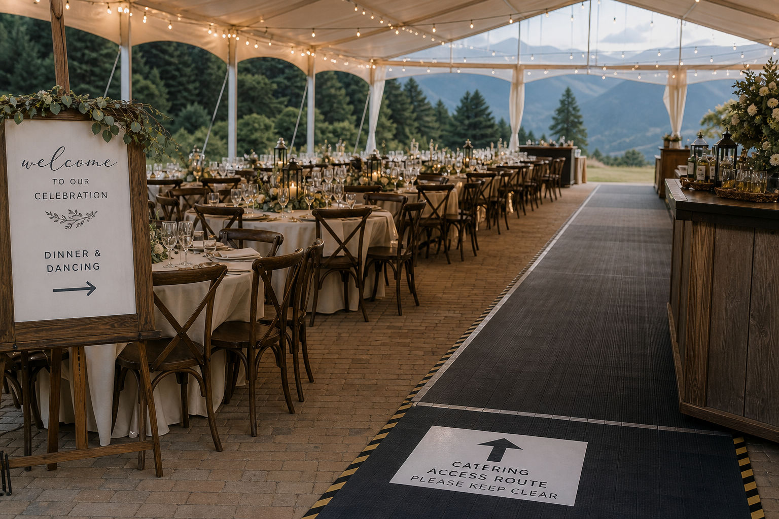 Wedding dinner service setup with clear guest flow for mobile catering