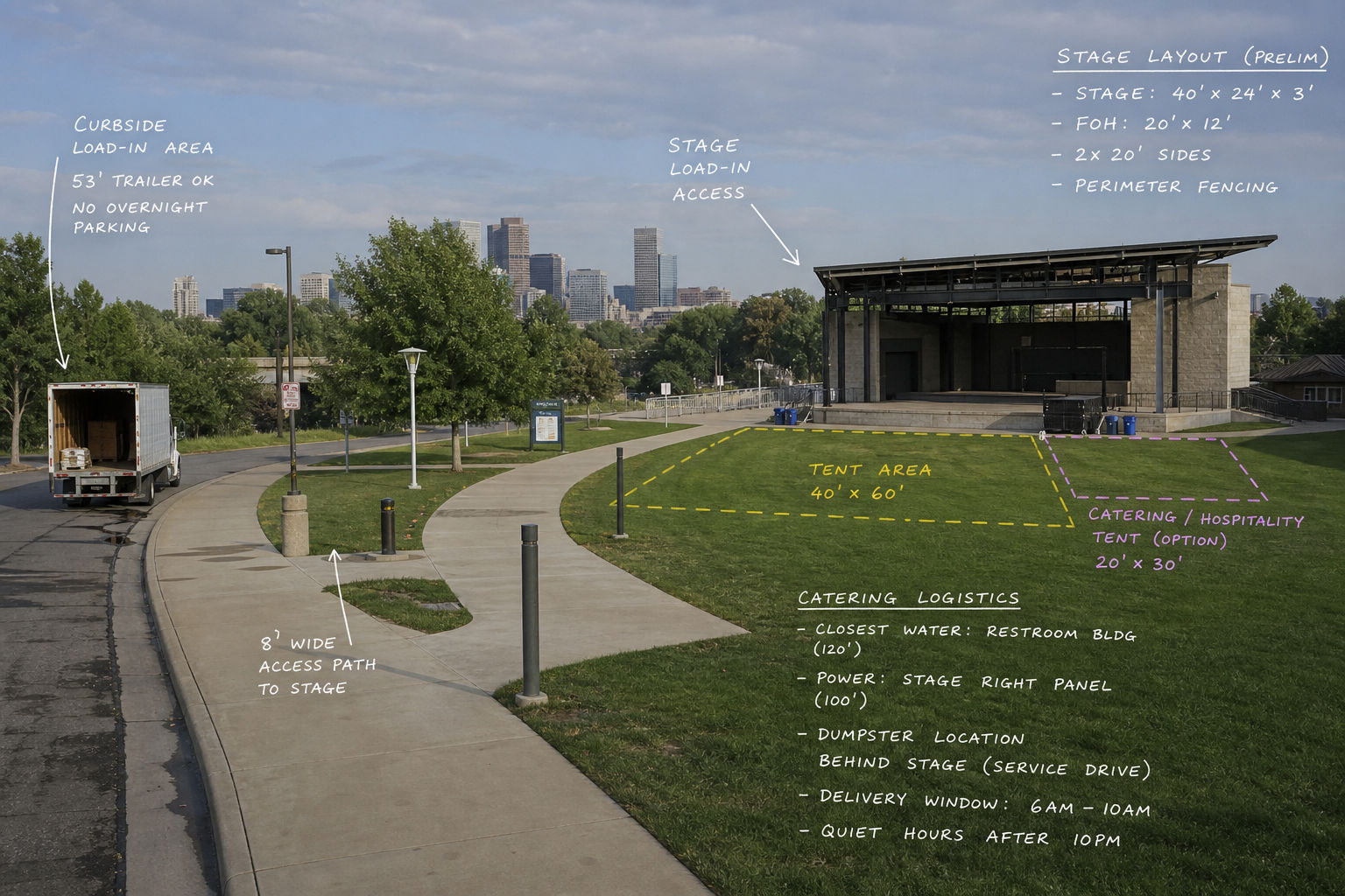 Public park event site showing access and load-in planning for catering