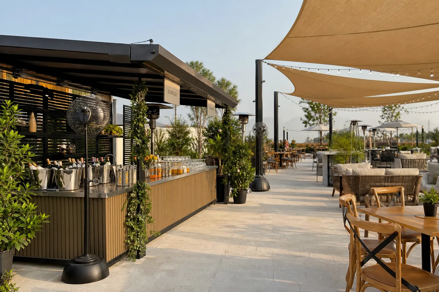 Shaded beverage and service placement for an organized outdoor event