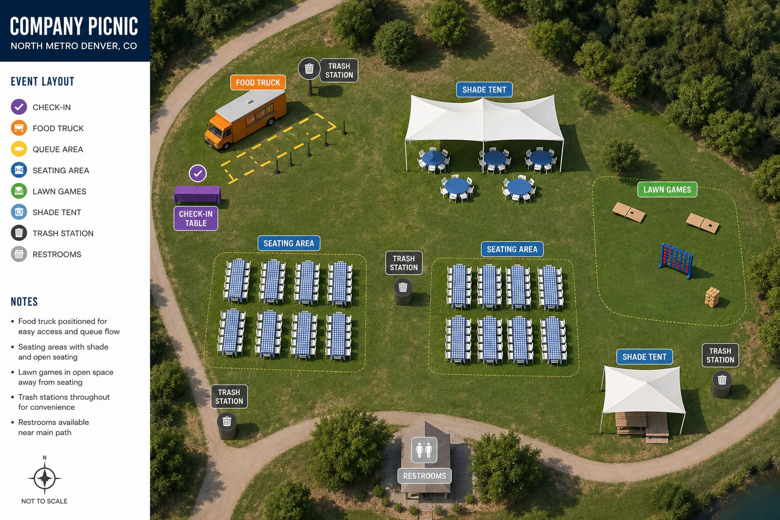 Organized site layout for a company picnic with mobile catering in the Denver area