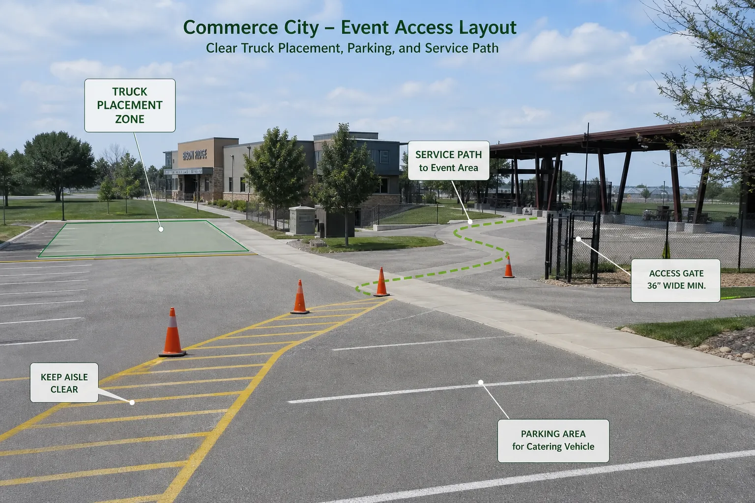 Venue access and parking layout for a mobile caterer in Commerce City