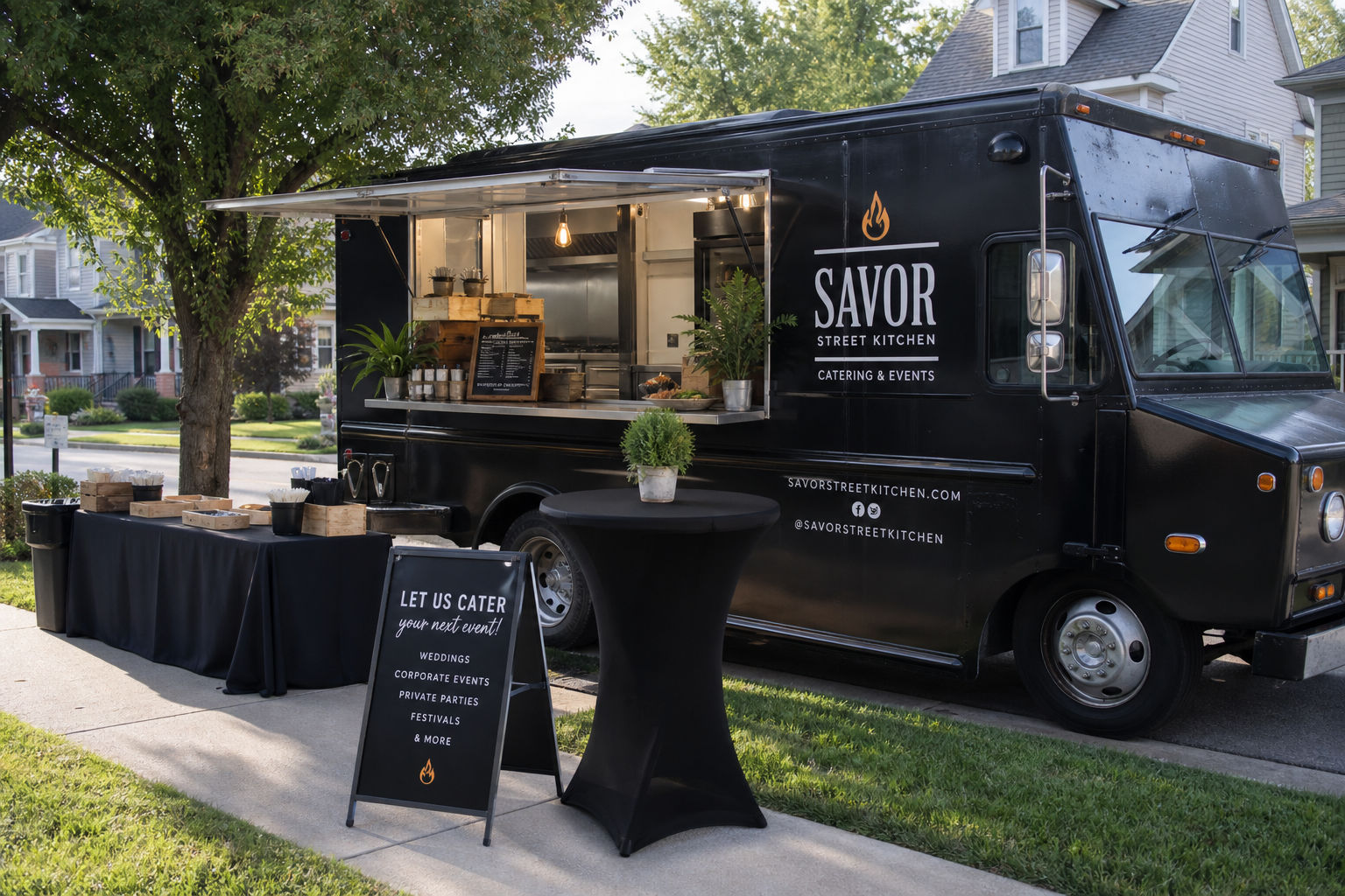 Food truck catering setup in a local residential neighborhood