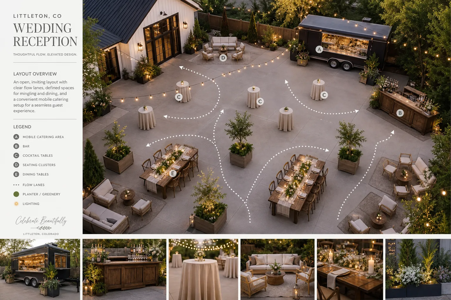 Guest flow and service layout for wedding service in Littleton