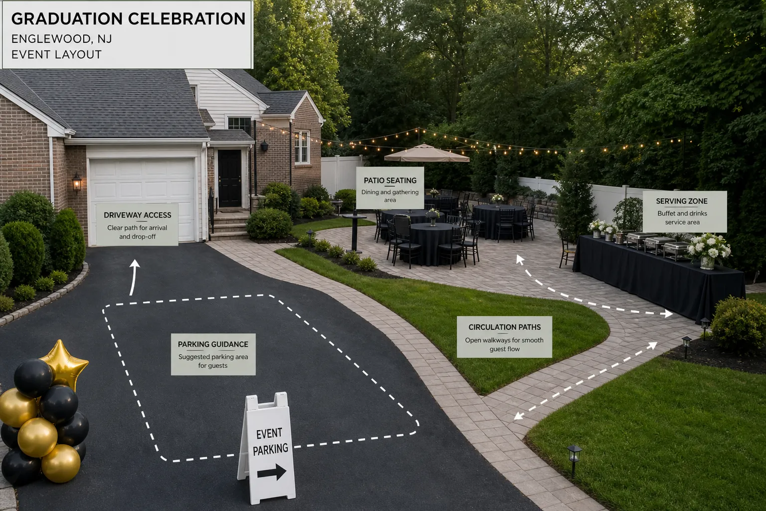 Organized graduation party setup and access plan in Englewood