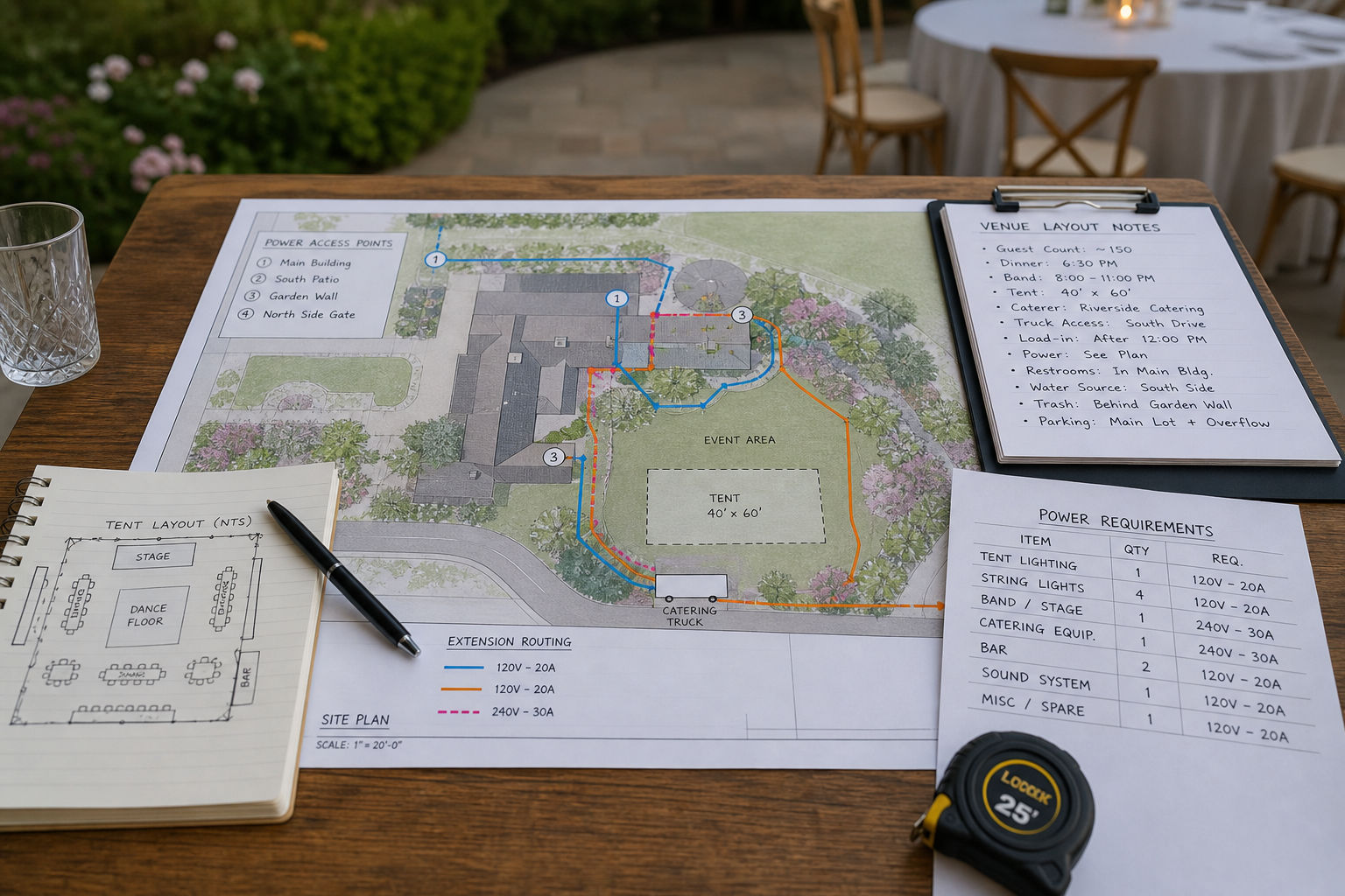 Event power planning layout for a mobile catered evening event
