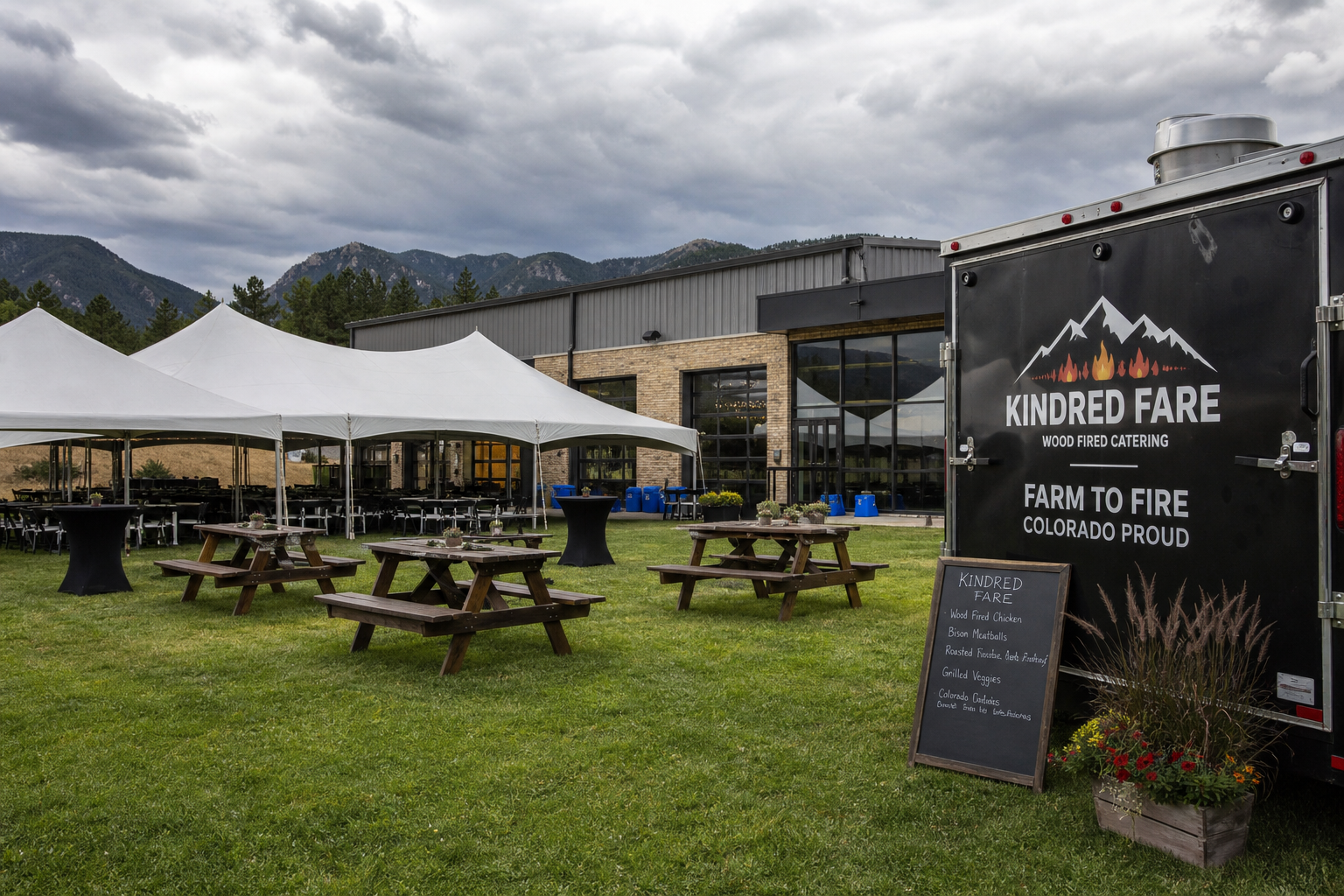Weather backup layout for an outdoor company picnic with mobile catering