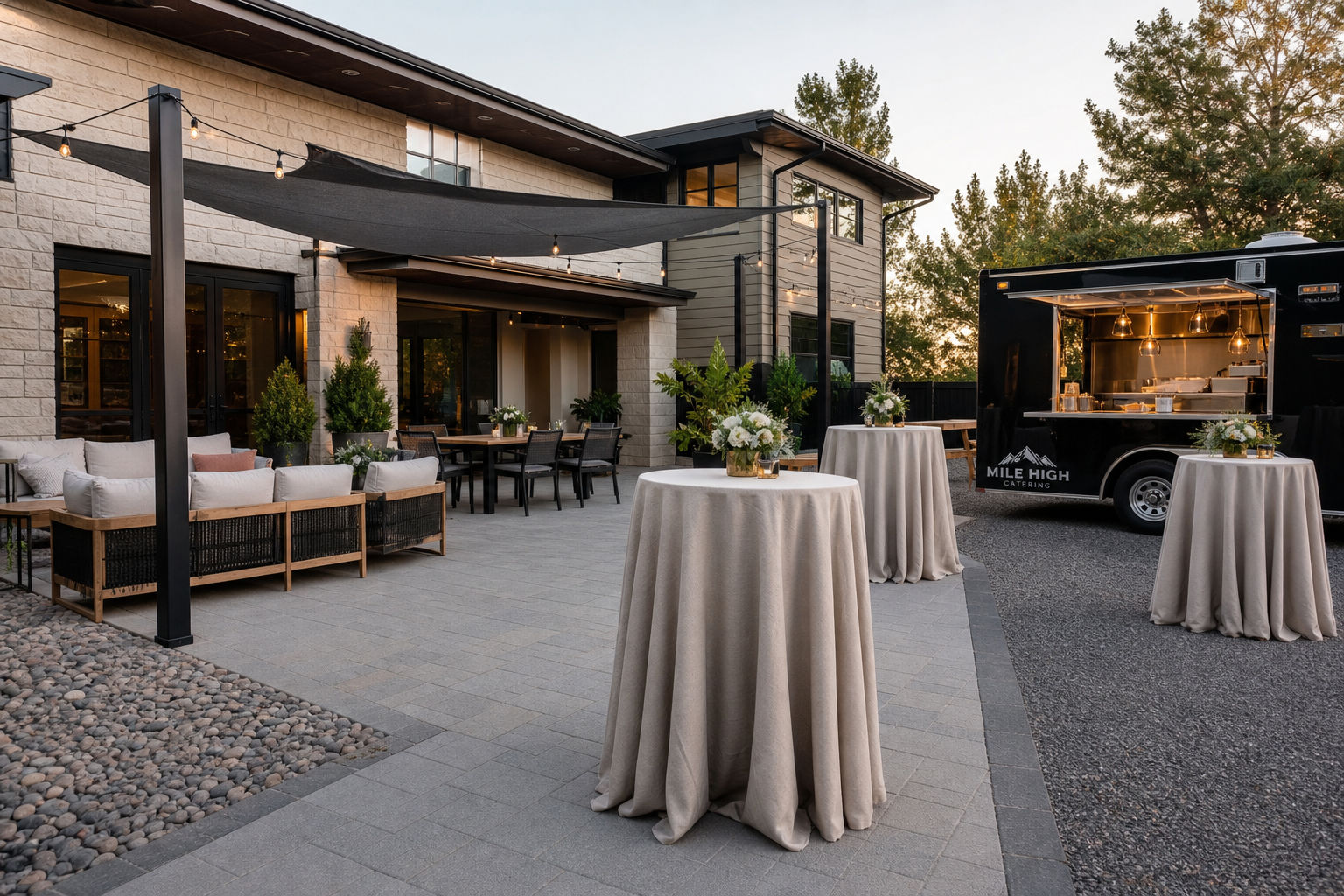 Open house seating zones and circulation plan for a Denver-area home event