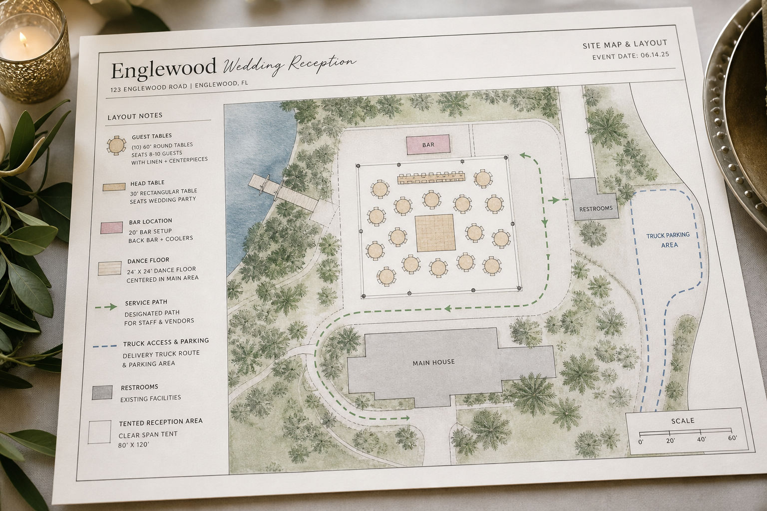 Wedding reception floor plan for mobile catering in Englewood