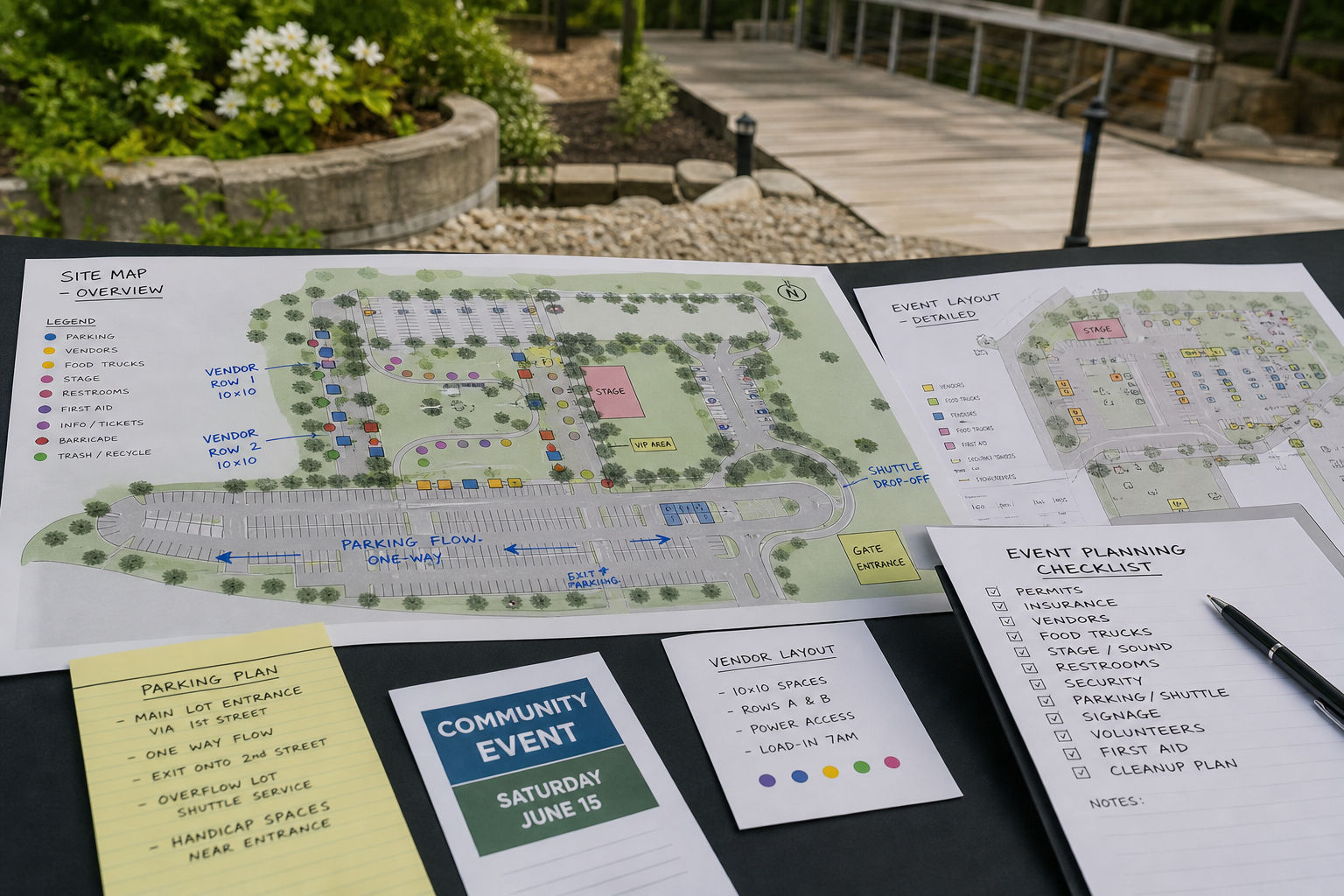 Community event site layout plan showing vendor placement, parking flow, and guest circulation